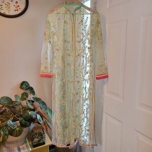Pakistani/Indian‎ Embroidered Beaded Floral Open Duster Layering Kameez, Size M